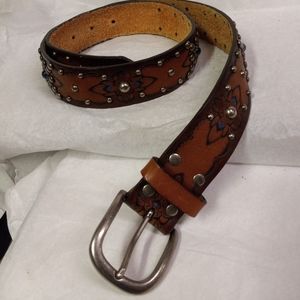 Vtge American Eagle Boho Y2K Belt Leather, Studs Blue Stone Floral Etchings S/32